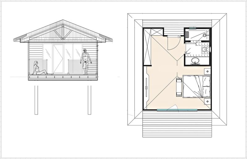 Kır evi kesiti ve planı, direkli yükseltilmiş yapı, cam kapılı veranda, tek oda, banyo