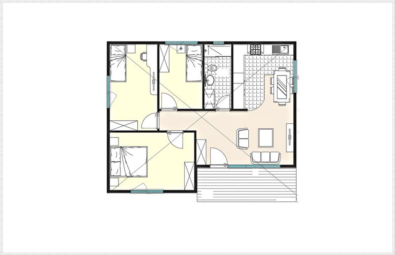 Kır evi planı, üç yatak odası, banyo, mutfak, yemek ve oturma alanı, veranda