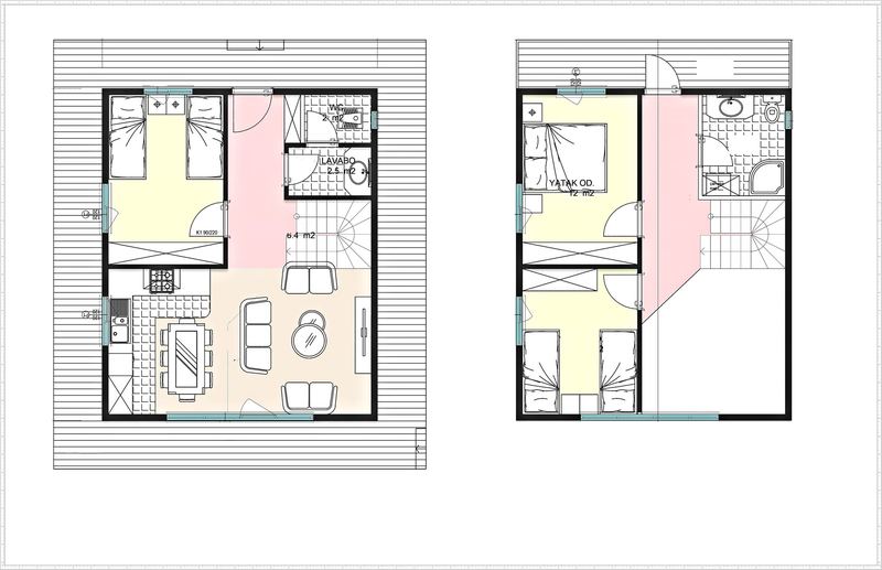 İki katlı kır evi planları, altta salon, mutfak, yatak odası, üstte iki oda, banyo