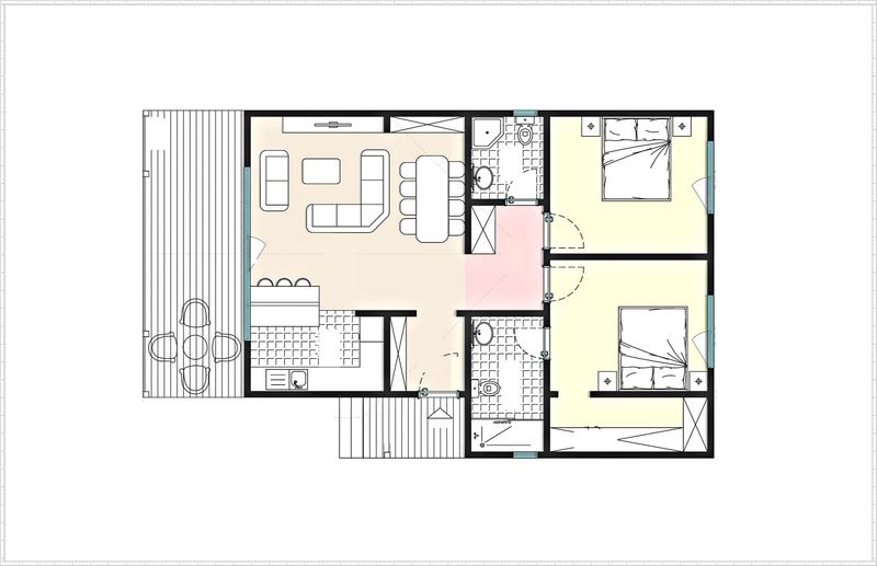 Kır evi planı, solda salon, yemek, mutfak, sağda iki yatak odası, iki banyo, verandalar