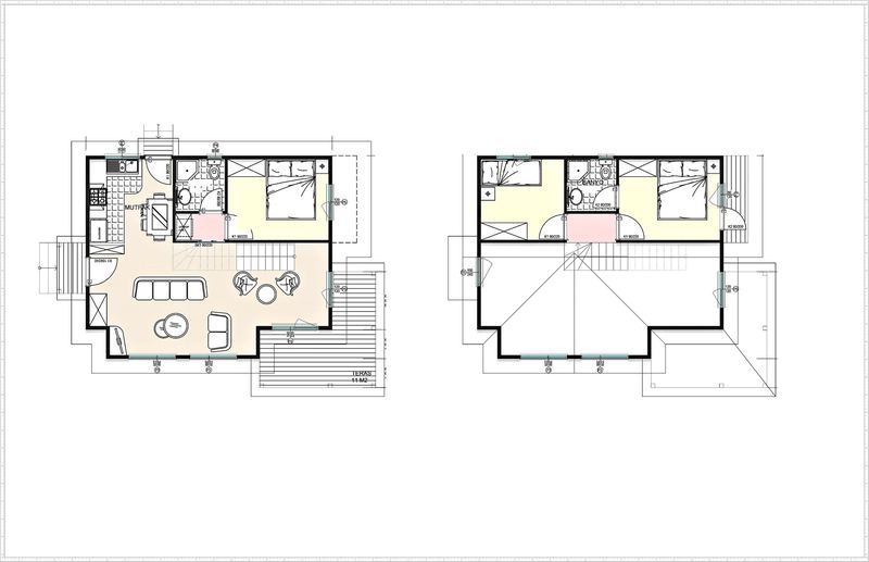 Kır evi planları, altta mutfak, salon, yatak odası, teras, üstte iki oda, banyo