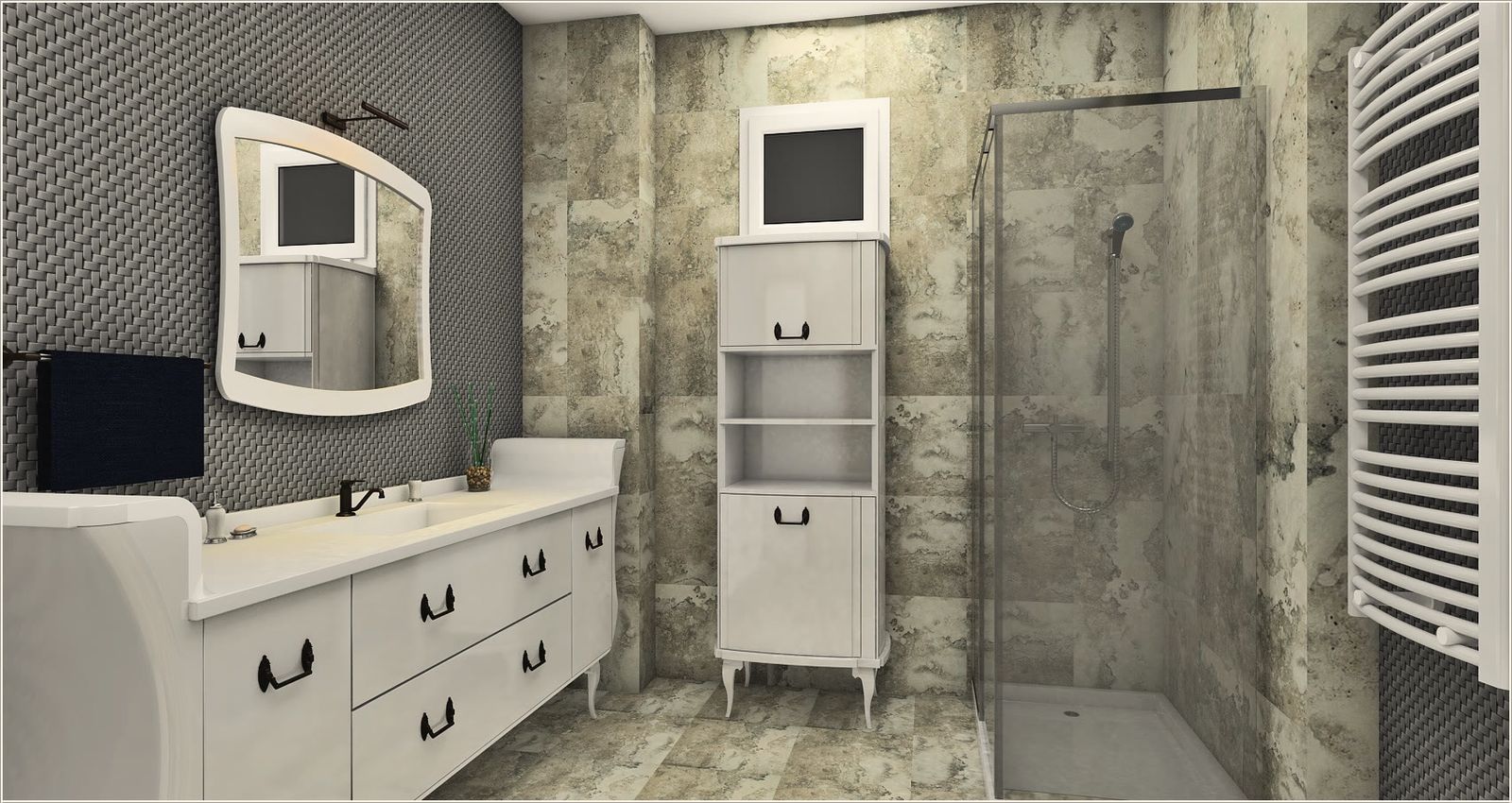 Beyaz lavabo dolabı, boy dolap, camlı duşakabin, traverten desenli seramik, örgü desenli gri duvar