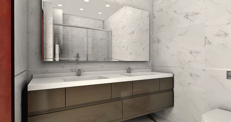 Tek parça beyaz tezgâh ve lavabo, kahverengi asma dolap, geniş ayna, mermer desenli duvar